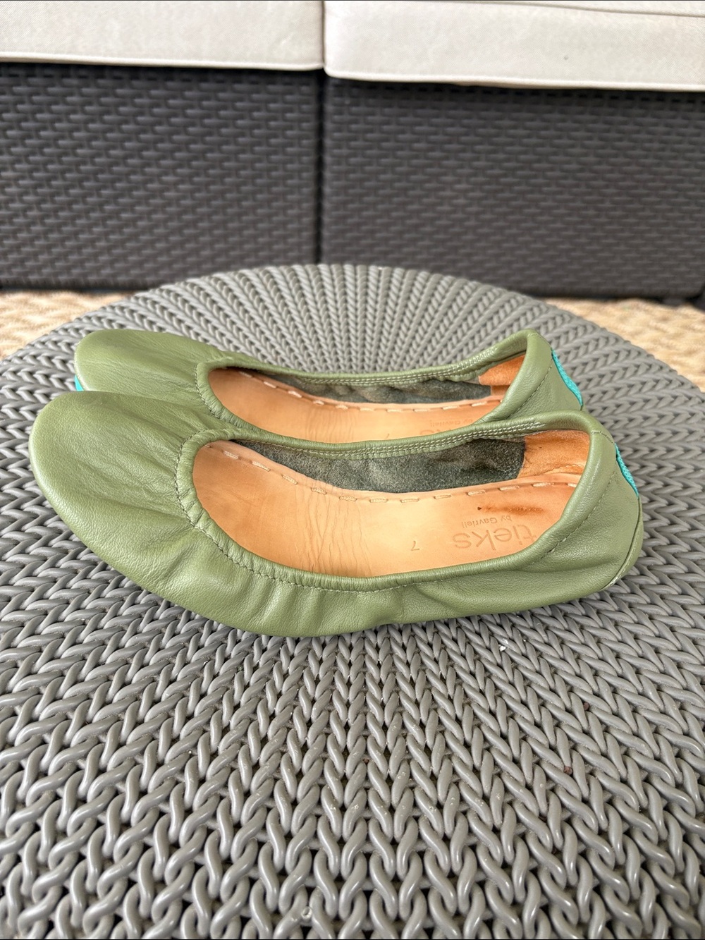 Tieks Olive Green Leather Ballet Flats with Turquoise Soles - Picture 4 of 6